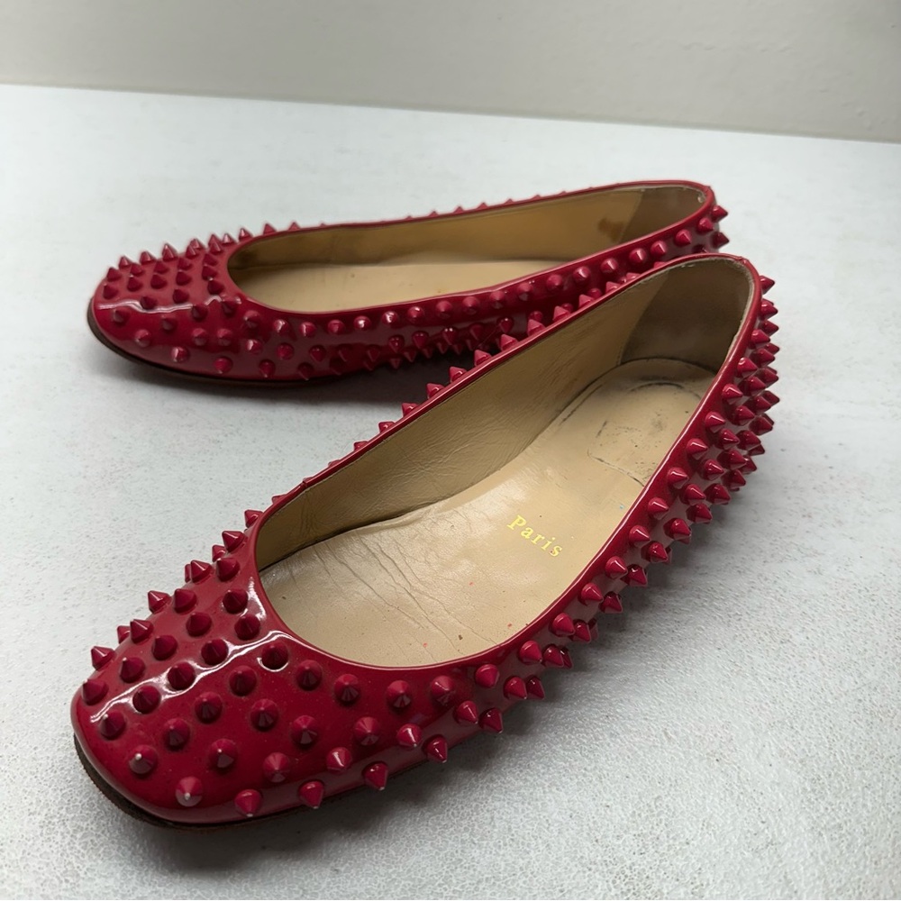 Christian Louboutin Patent Leather Studded Accents Flats, Size 37